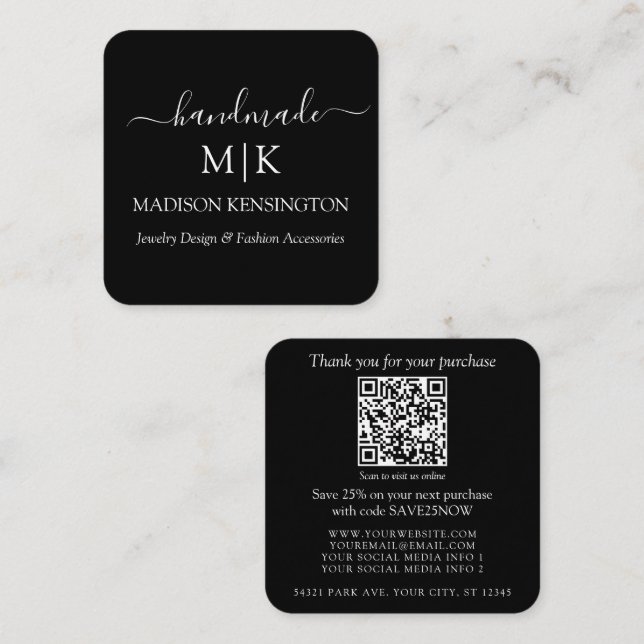 Carré Monogramme ou ajouter un logo Carte de visite QR a (Devant / Derrière)