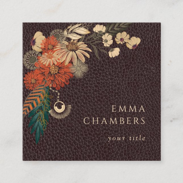 Carré Moto Boho Floral Brown Carte de visite en cuir (Devant)