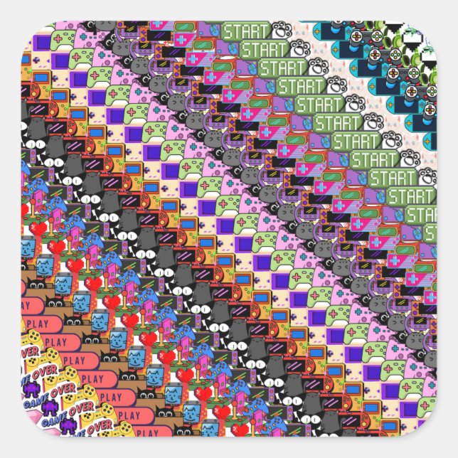Carré Multicolor Gamer Video Game Cat Pattern Sticker (Devant)