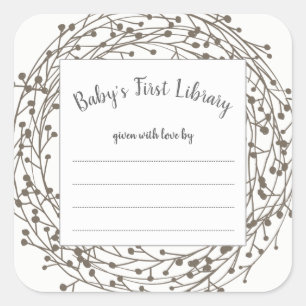 Carré Neutral wreath baby shower book plate sticker