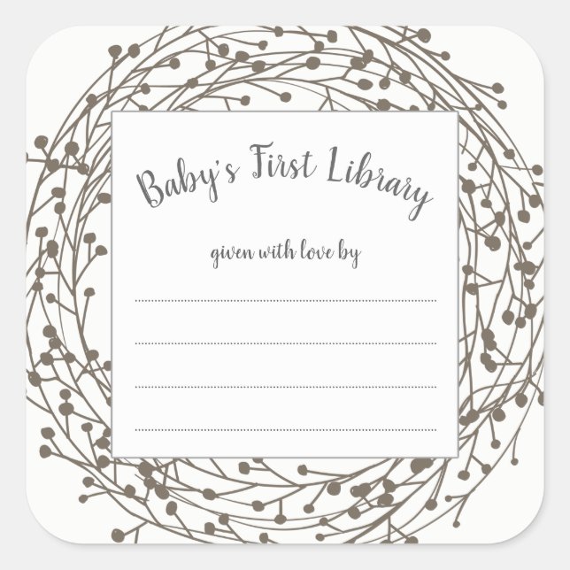 Carré Neutral wreath baby shower book plate sticker (Devant)