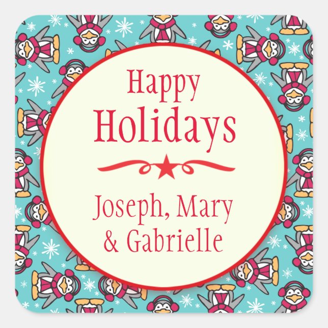 Carré Nom de manchots de Noël sticker cadeau de vacances (Devant)