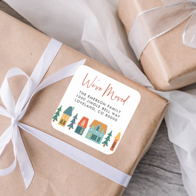 Carré Nous avons déplacé Sticker de vacances (We've Moved Holiday Retro Houses Envelope Seal)