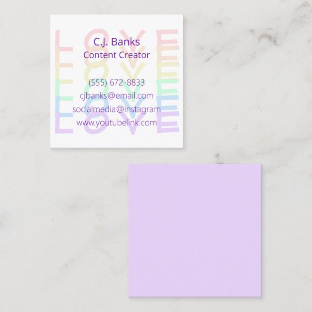 Carré Pastel Rainbow LOVE Carte de visite unique (Devant / Derrière)