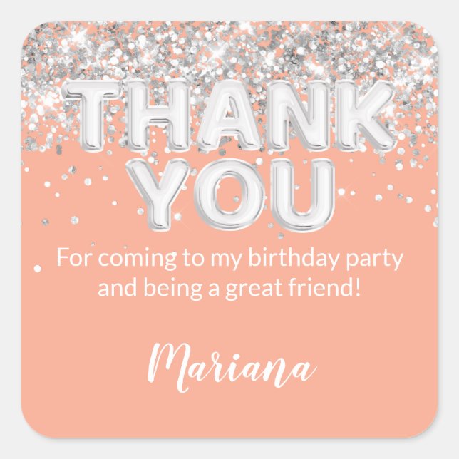 Carré Peach and Silver Party Sticker for Favors (Devant)