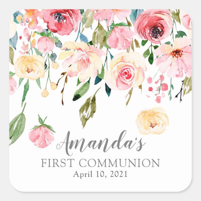 Carré Peonies Rose Floral First Communion Sticker (Devant)
