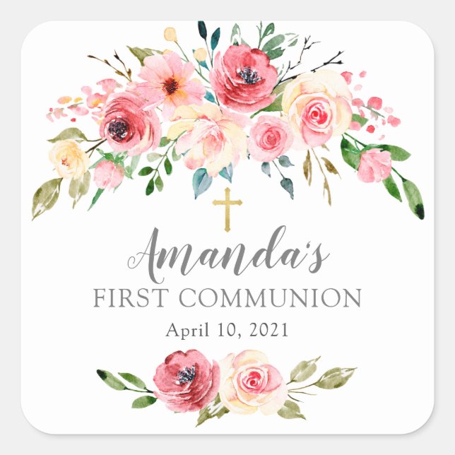 Carré Peonies Rose Floral First Communion Sticker (Devant)