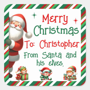 Carré Père Noël et ses elfes Sticker pour les cadeaux po