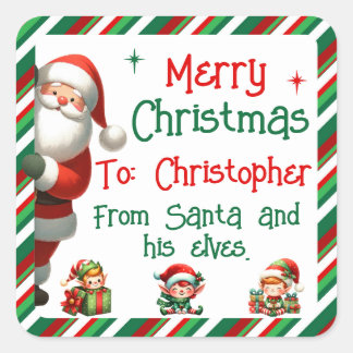 Carré Père Noël et ses elfes Sticker pour les cadeaux po