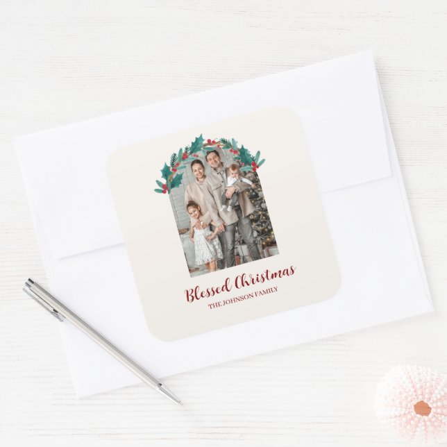 Carré Personalized Christmas Wreath Photo & Name Sticker (Enveloppe)