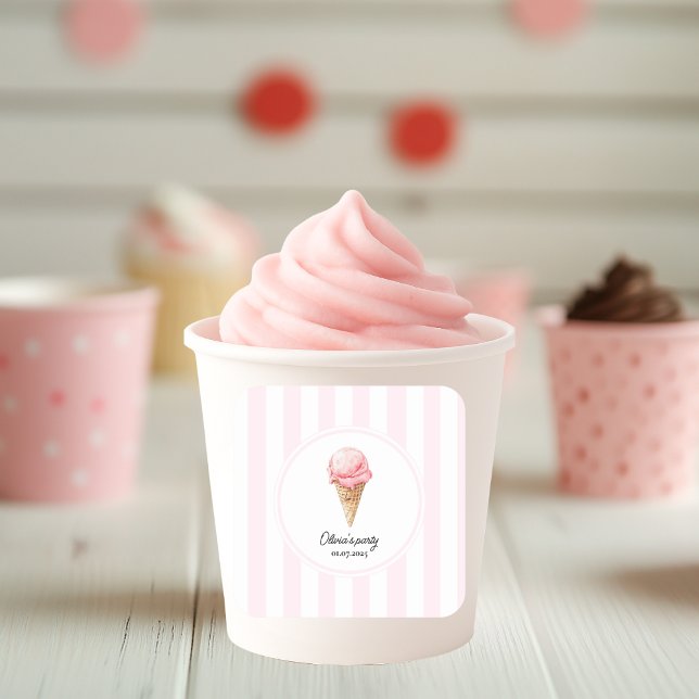 Carré Personalized Pink Ice Cream Cone Party Sticker  (Créateur téléchargé)