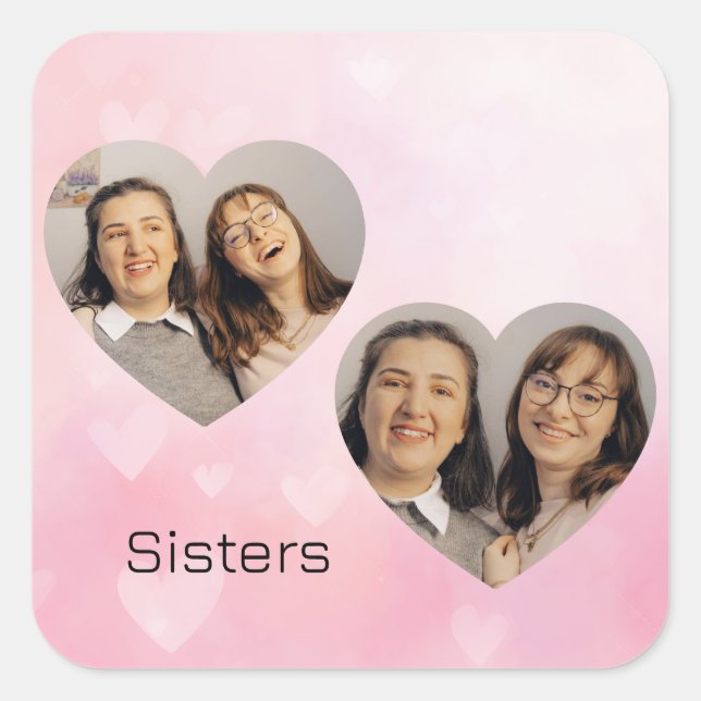 Carré Personalized Sisters Heart-Shaped Photo Sticker (Devant)