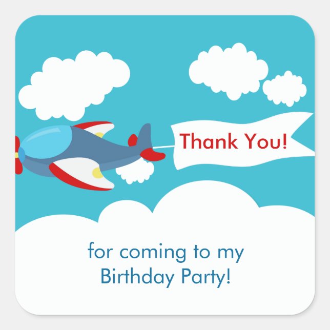 Carré Petit avion mignon Sticker d'anniversaire (Devant)