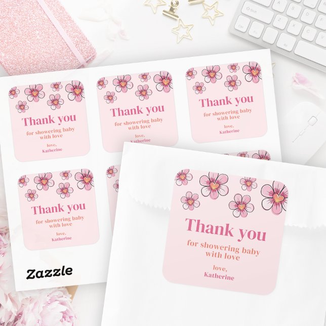 Carré Pink Daisy Baby Shower Square Thank You Sticker (Pink Daisy Baby Shower Square Thank You Sticker)