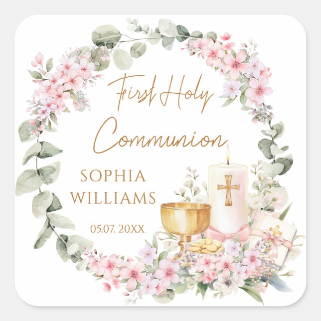 Carré Pink Floral Chalice First Holy Communion Sticker (Devant)