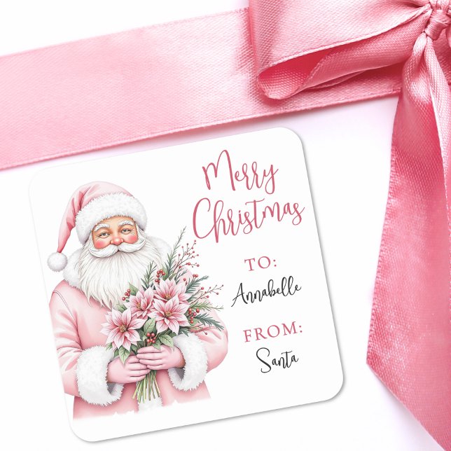 Carré Pink Santa Christmas Gift Tag Sticker (Pink Santa Merry Christmas Gift Tag Sticker)