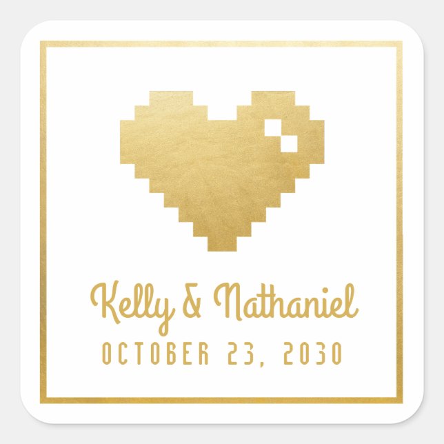 Carré Pixel Heart Gamer Mariage Faveur Sticker Sceau (Devant)