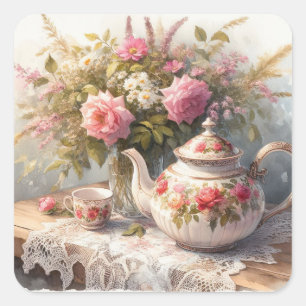 Carré Pot de thé et coupe avec Sticker Fleurs Roses