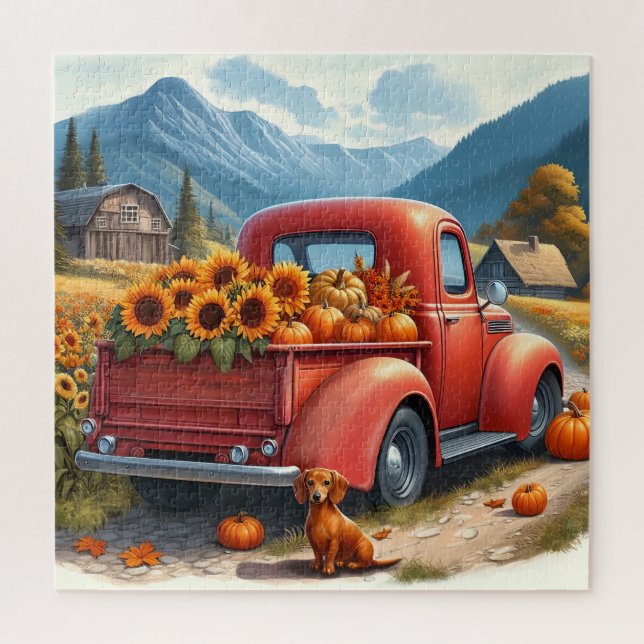 Carré Puzzle Vieux Camion Rouge Country Road Dachs (Vertical)