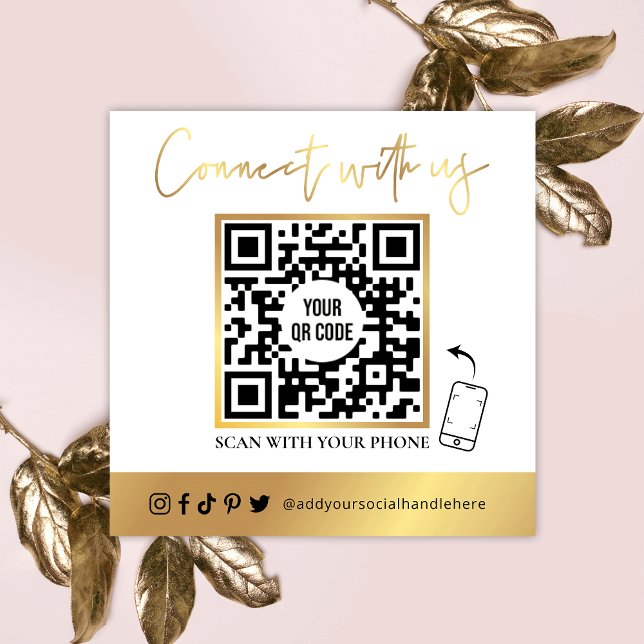 Carré QR Code Social Media Carte de visite blanc et or (Créateur téléchargé)