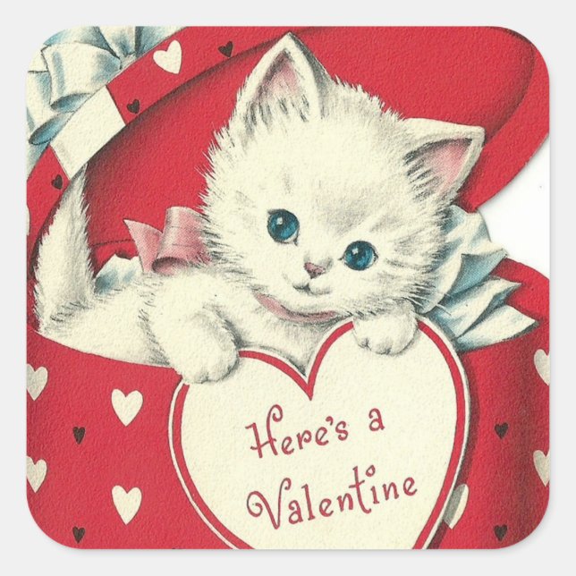 Carré Retro Vintage Valentine cat Vacances sticker (Devant)