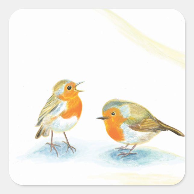 Carré Robins rouges dans Sticker rectangulaire en hiver (Devant)