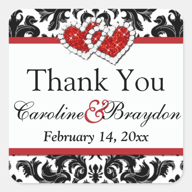 Carré Rouge Blanc Noir Damas, Coeurs 1.5" Sq. Sticker 2 (Devant)
