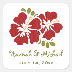 Carré Rouge Hibiscus Mariage Faveur Sticker Sceau
