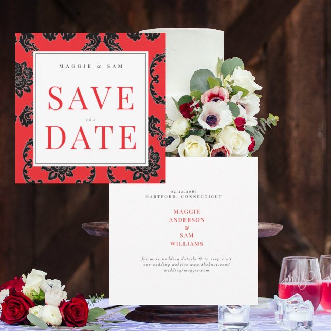 Carré Rouge & Noir Damask Mariage Save the Date  (Créateur téléchargé)
