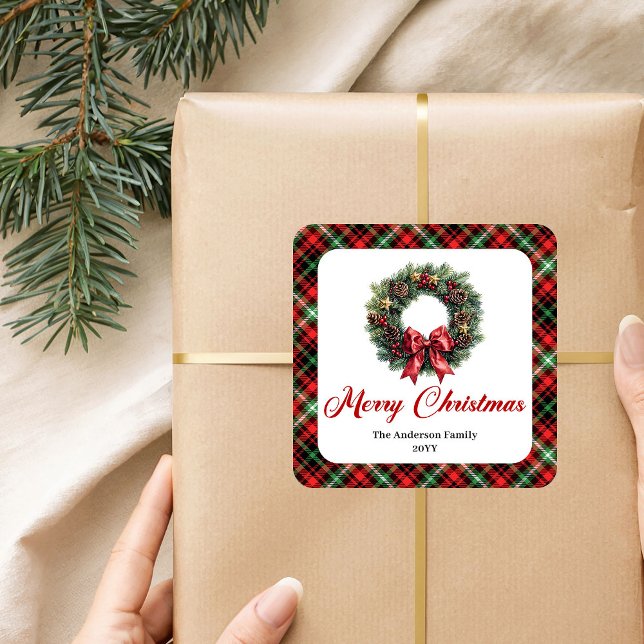 Carré Rustic Red Green Plaid Christmas Wreath Sticker  (Rustic Red Green Plaid Christmas Wreath Sticker Set)
