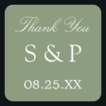 Carré Sage Green Wedding Favoriser Merci Sticker<br><div class="desc">Sage Green Wedding Favor Sticker Merci,  s'il vous plaît personnaliser avec les initiales du couple et la date du mariage,  en utilisant le modèle de personnalisation en ligne avant de commander. Le design simple et attrayant imprimé sur l'autocollant présente un élégant texte blanc sur une belle couleur verte sage.</div>
