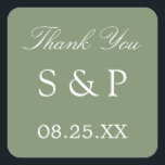 Carré Sage Green Wedding Favoriser Merci Sticker<br><div class="desc">Sage Green Wedding Favor Sticker Merci,  s'il vous plaît personnaliser avec les initiales du couple et la date du mariage,  en utilisant le modèle de personnalisation en ligne avant de commander. Le design simple et attrayant imprimé sur l'autocollant présente un élégant texte blanc sur une belle couleur verte sage.</div>