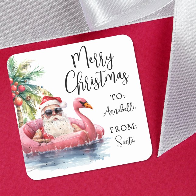 Carré Santa Beach Christmas Gift Tag Sticker (Santa Beach Christmas Gift Tag Sticker)