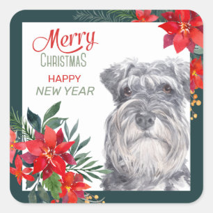 Carré Schnauzer Poinsettia Bordure Sticker de Noël