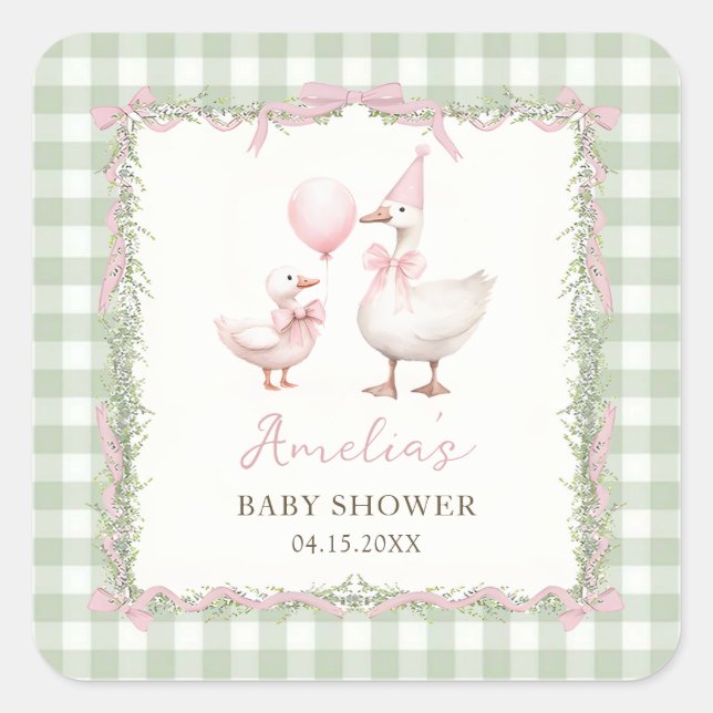 Carré Silly Goose Green Gingham Baby Shower Sticker (Devant)