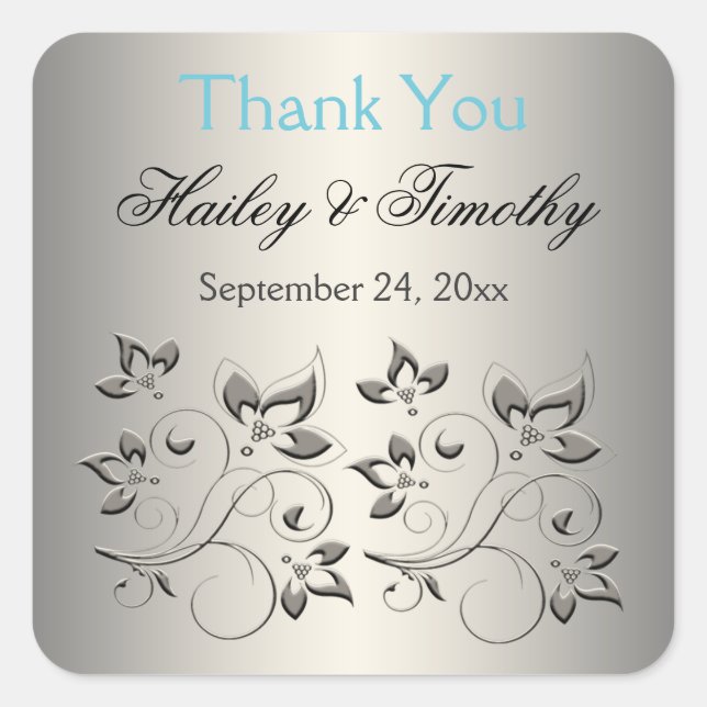 Carré Silver, Aqua, Sticker Merci Floral Noir (Devant)