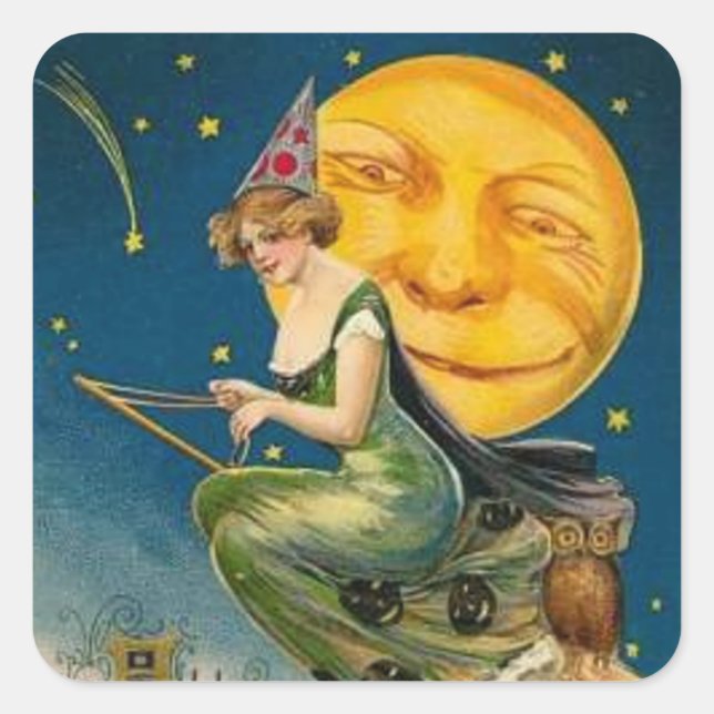 Carré Sorcière Volant Past Moon - Sticker Halloween (Devant)
