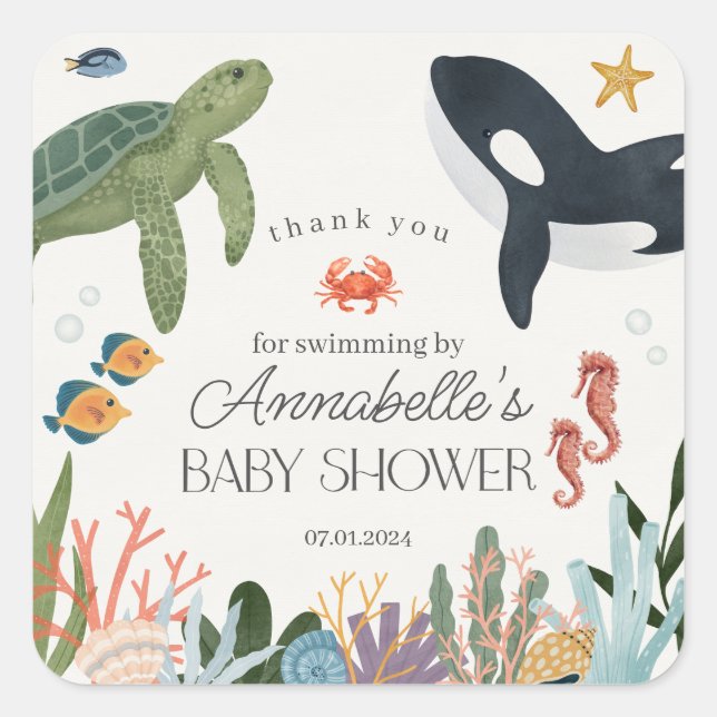 Carré Sous le Baby shower Océan Mer Favors Sticker (Devant)