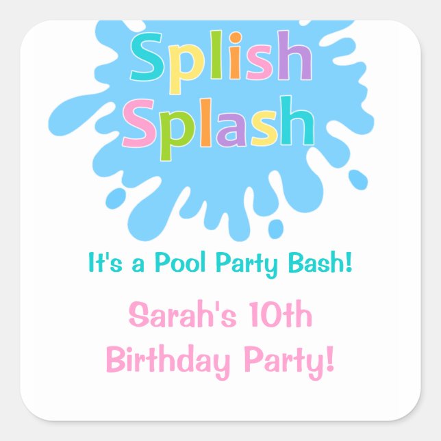 Carré Splish Splash Pool Party Girl Anniversaire Sticker (Devant)