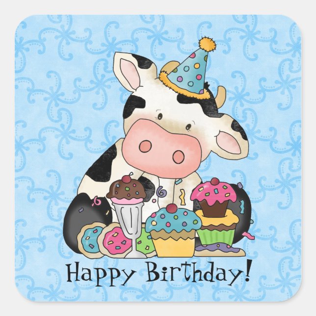 Carré Sticker à vaches de fête d'anniversaire (Devant)