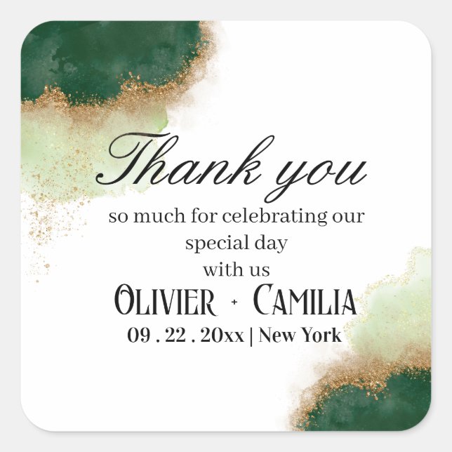 Carré Sticker Agate Green & Gold Merci pour Mariage (Devant)