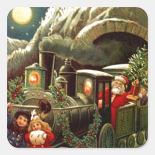 Carré Sticker Antique Noël Père Noël Train Moon