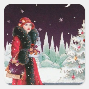 Carré sticker Art déco rétro vintage de Noël dame