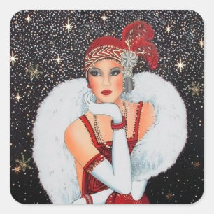 Carré sticker Art déco rétro vintage de Noël dame