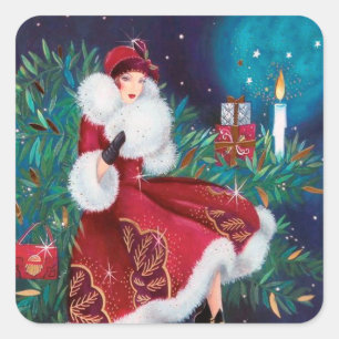 Carré sticker Art déco rétro vintage de Noël dame