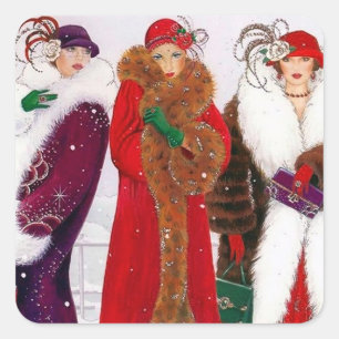 Carré sticker Art déco retro vintage de Noël dames