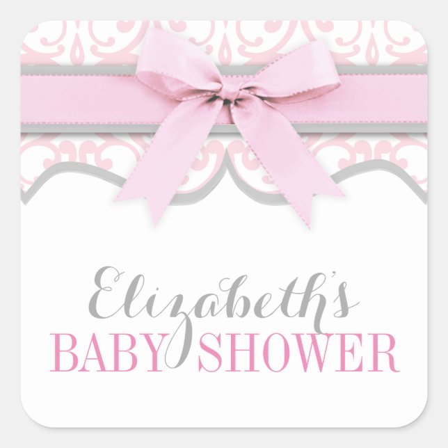 Carré Sticker Baby shower en ruban rose du coeur Damask (Devant)