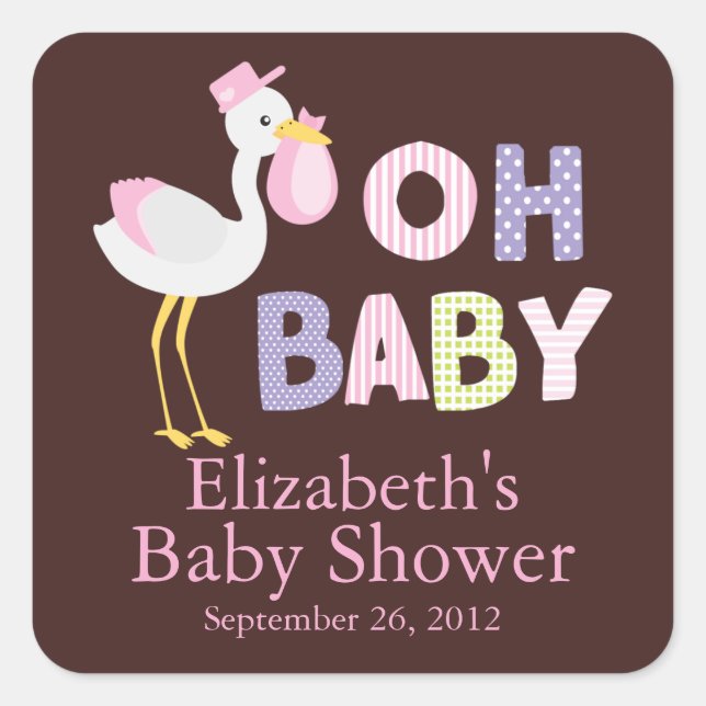 Carré Sticker Baby shower pour fille de cigogne moderne (Devant)