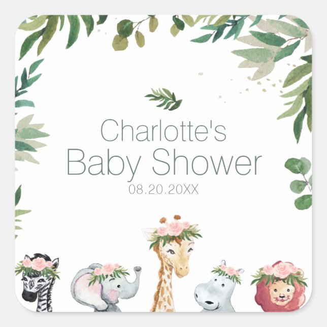 Carré Sticker Baby shower Safari Aquarelle Jungle (Devant)