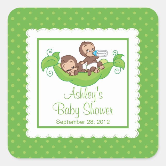 Carré Sticker Baby shower Sweet Little Monkey Twins (Devant)